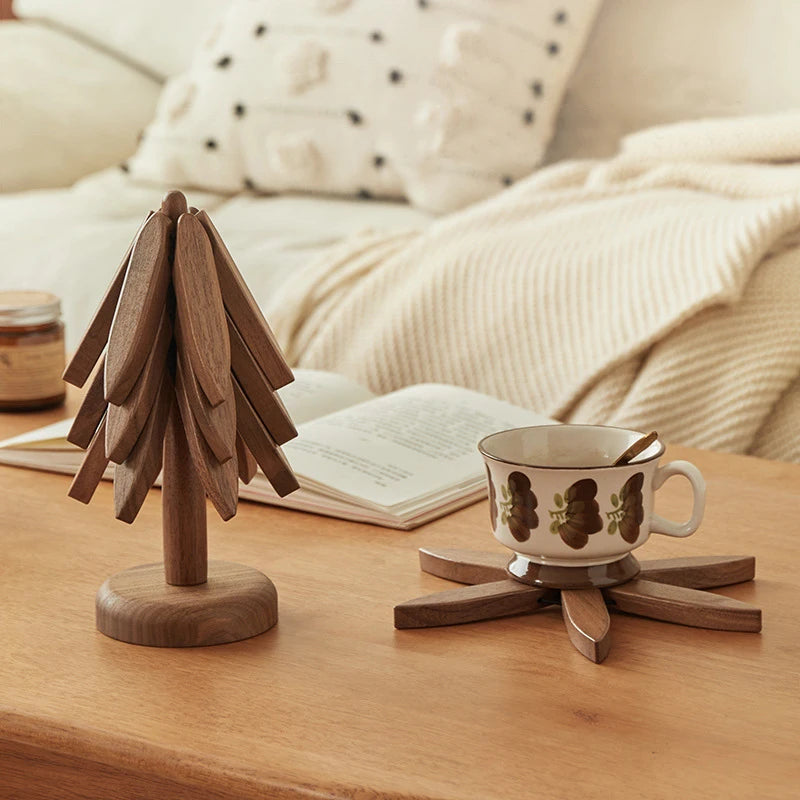 Wooden Tree Trivet & Star Coaster Set, Foldable Heat Resistant Pot Holders, Walnut Wood Table Trivet for Hot Dishes, Pots, Cups