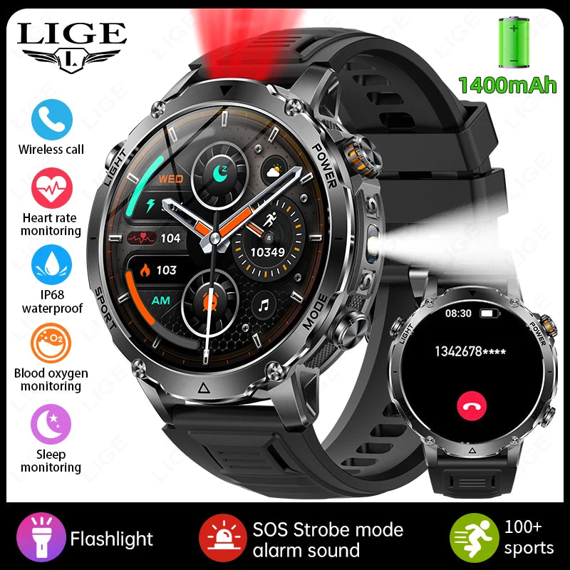 LIGE Men Smart Watch 1400 mAh 1.7 Inch Screen Bluetooth Call Voice Assistant Watch Sport Fitness IP68 Waterproof Smartwatch 2026