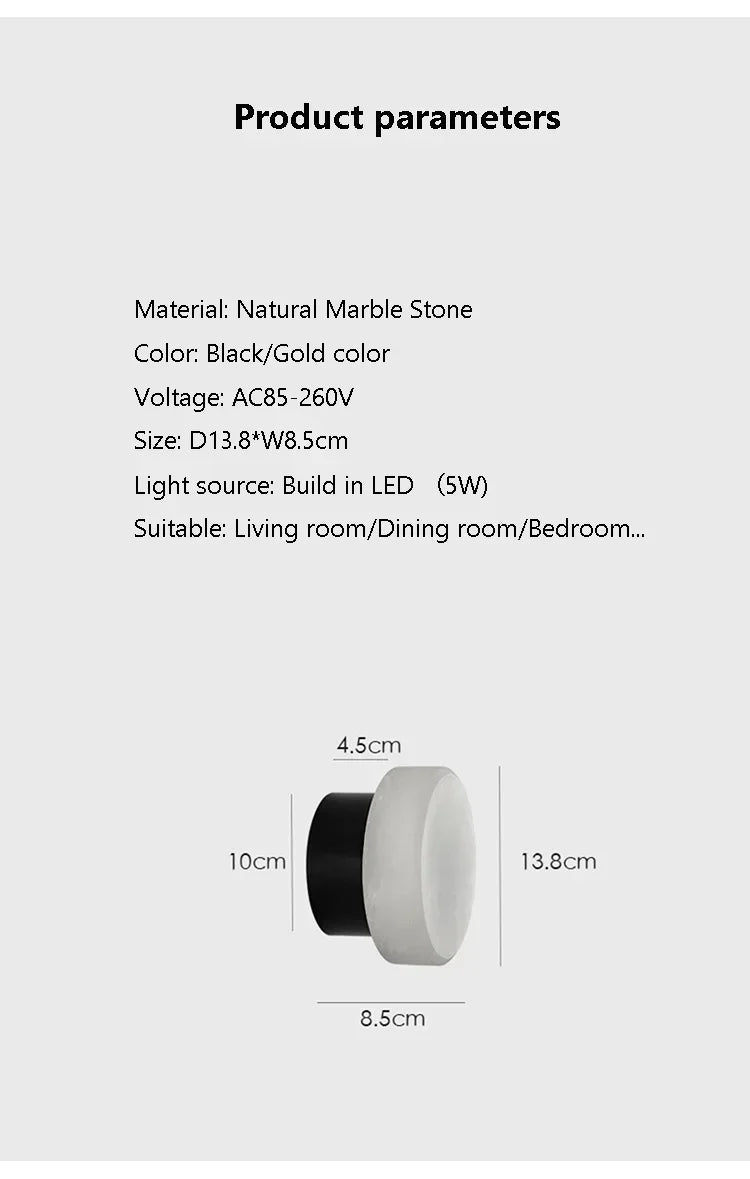 Modern Nordic Wall Sconce Spanish Natural Marble Round Wall Lamp Living Room Hallway Stair Wall Light Bedroom Bedside Lamp