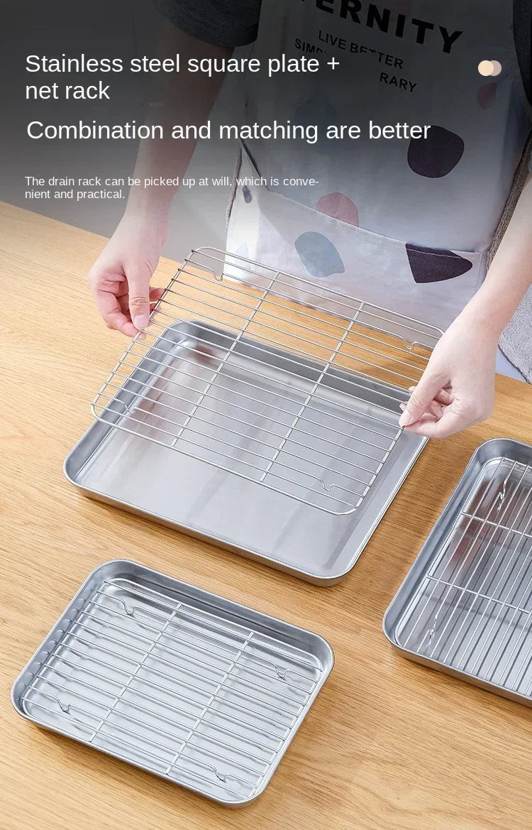 Flat Bottom 430 Stainless Steel Square Plate Oven Safe BBQ Grill Pan Drain Tray Oil Drip Rack Prep Plate for Roasting Grilling