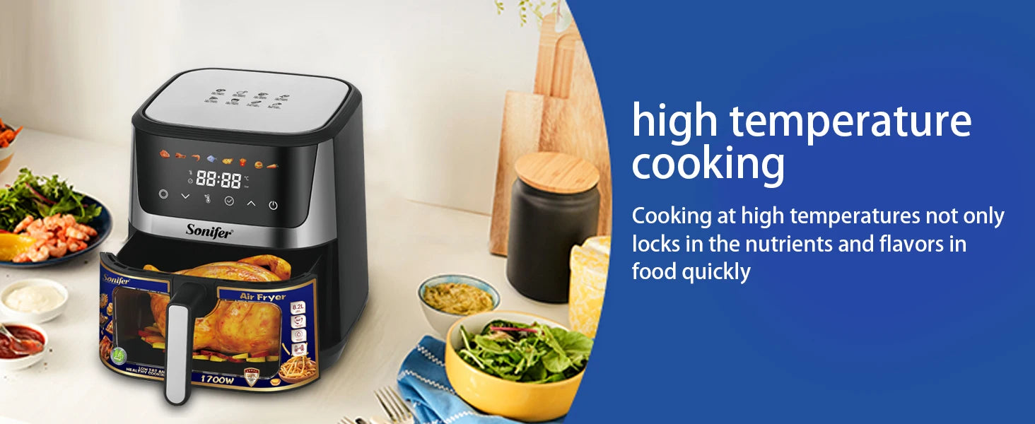 8.5L Air Fryer –LED Display & Touch Control, Large Size, Visible Window, Adjustable Temperature, Auto Shut-Off, 1700W
