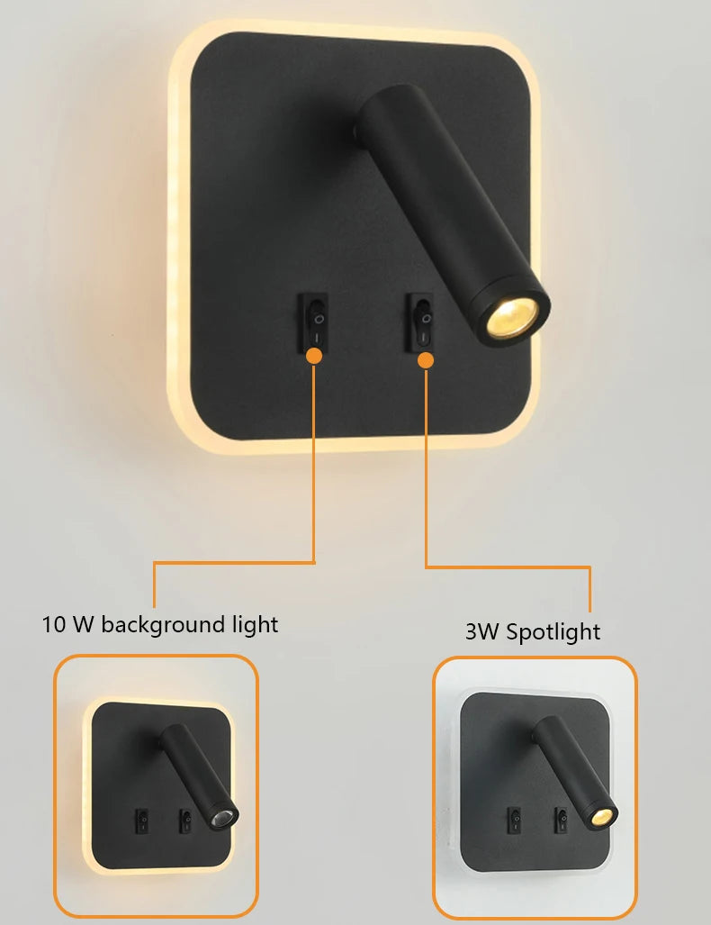 Contemporary Multifunctional LED Wall Sconce with Switch Modern Adjustable Reading Lamp USB Charging Ports for Bedrooms Offices