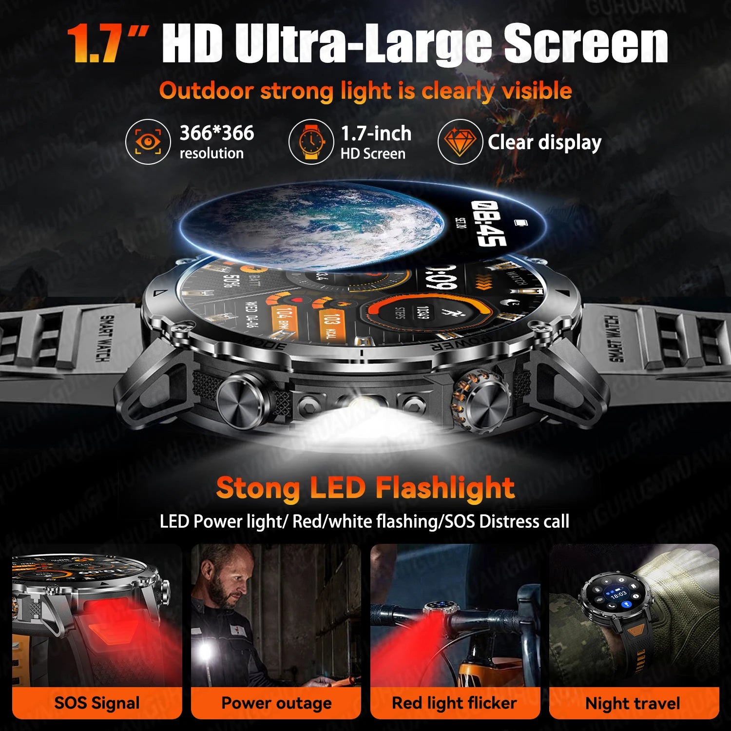 2026 Hot New 1400mAh Extra-Large Battery SmartWatch Men Military Outdoor SOS Flashlight  Waterproof Heart Rate Sports Smartwatch