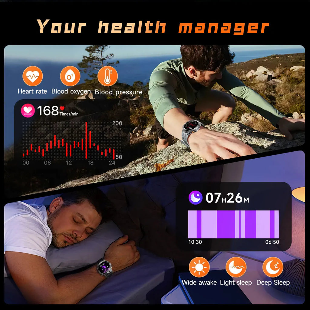 2026 New Military Smart Watch 1000Mah Battery Fitness Tracking 10ATM Waterproof Tactics Sport Flashlight call Bracelet For Men