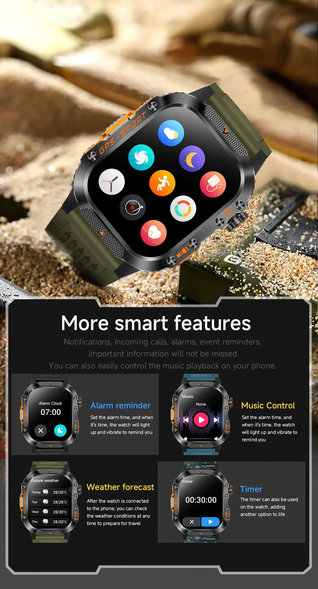 New Military Smartwatch Real GPS Compass Outdoor Smart Watch 3ATM Waterproof Sports Watches for Man Woman Electronics Clock 2025