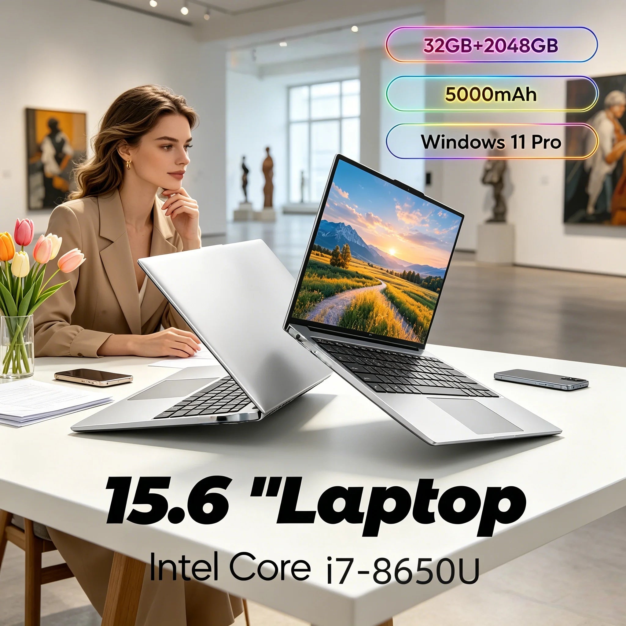 Durable 15.6 Inch Business Laptop Core I7-8650U Large 32GB Memory 2TB High Speed SSD Lightweight Travel Computer