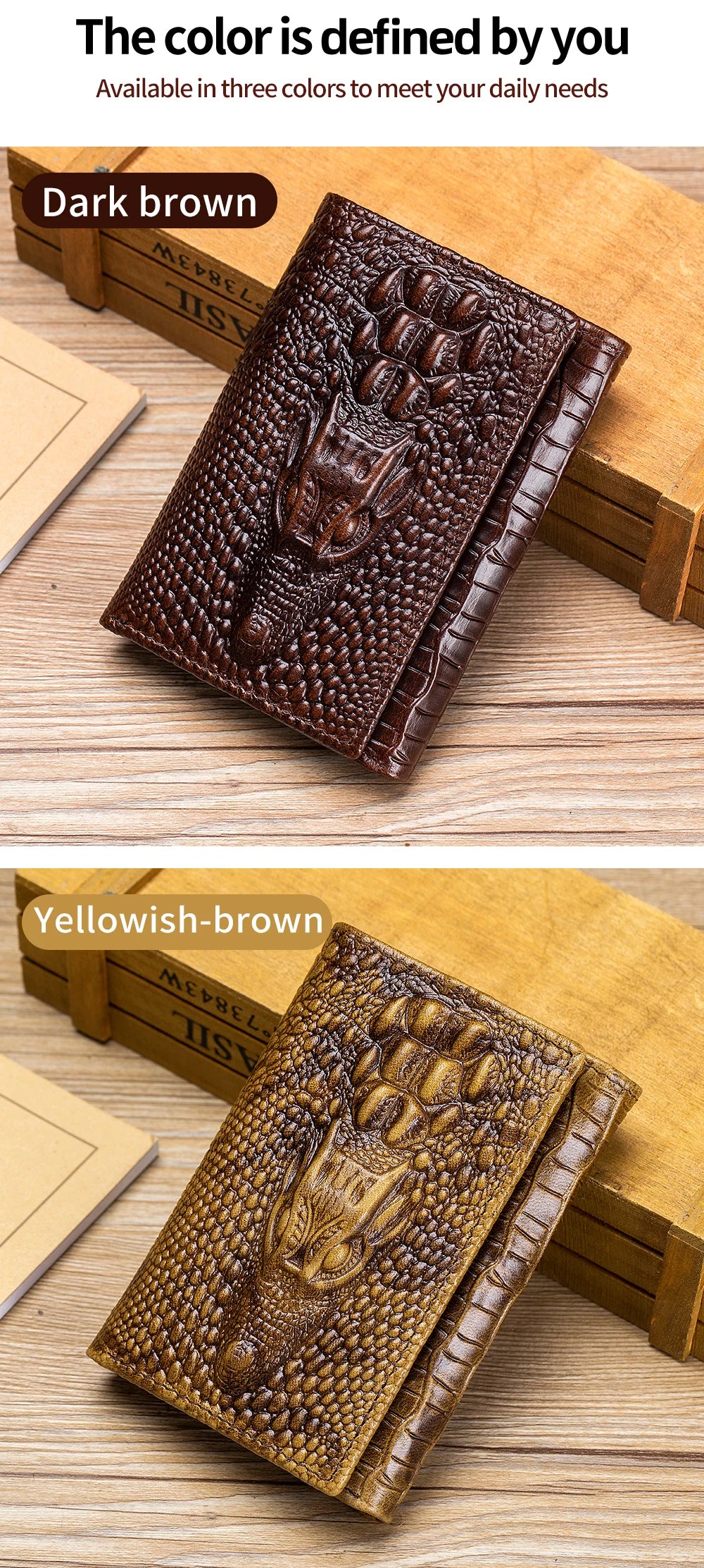 100%Leather men's wallet, leather short multi card bag, leather men's wallet, crocodile patterned wallet