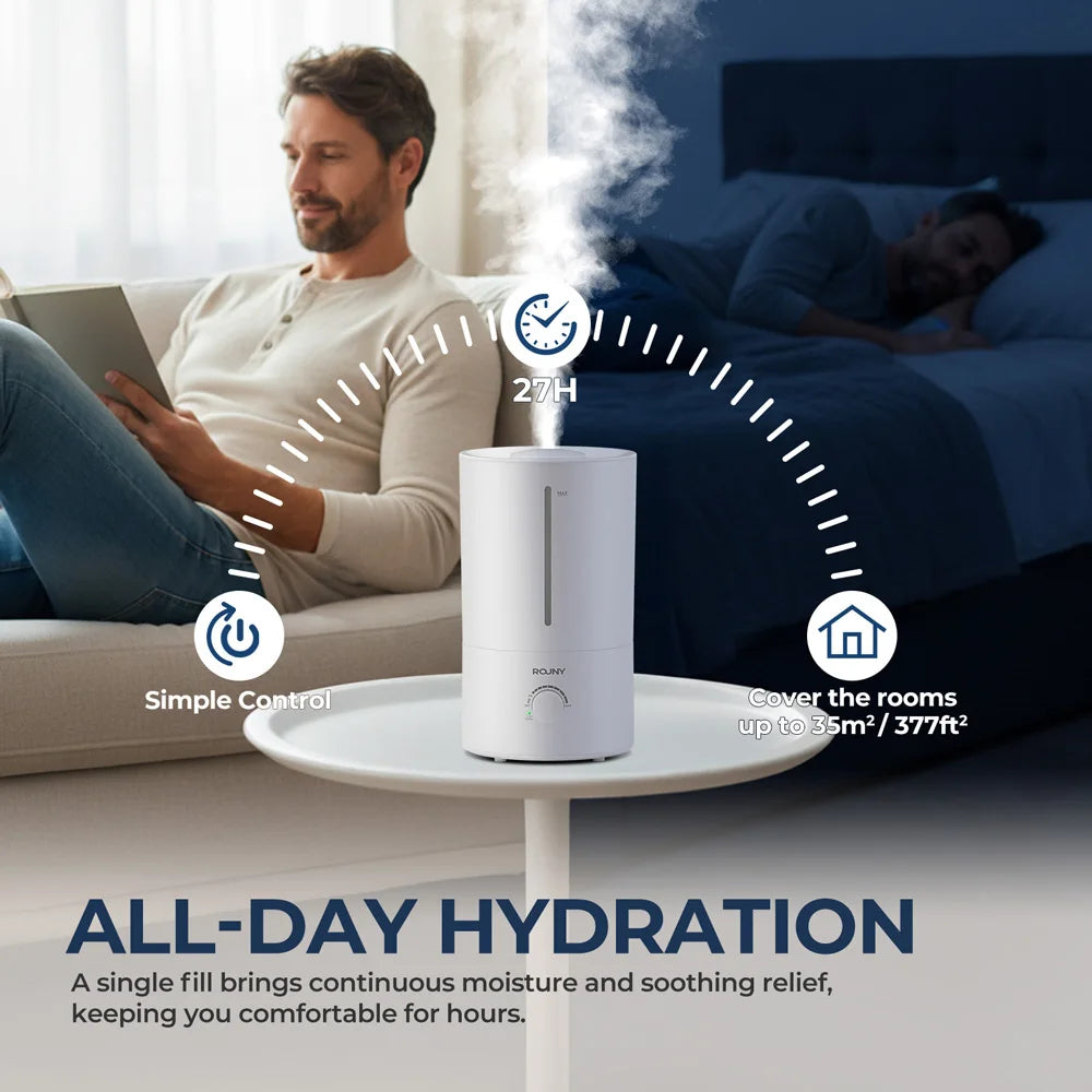 ROUNY Air Humidifier, 4L Large Capacity Ultrasonic Humidifier with Low Water Protection, 360° & Quiet & BPA-Free, White