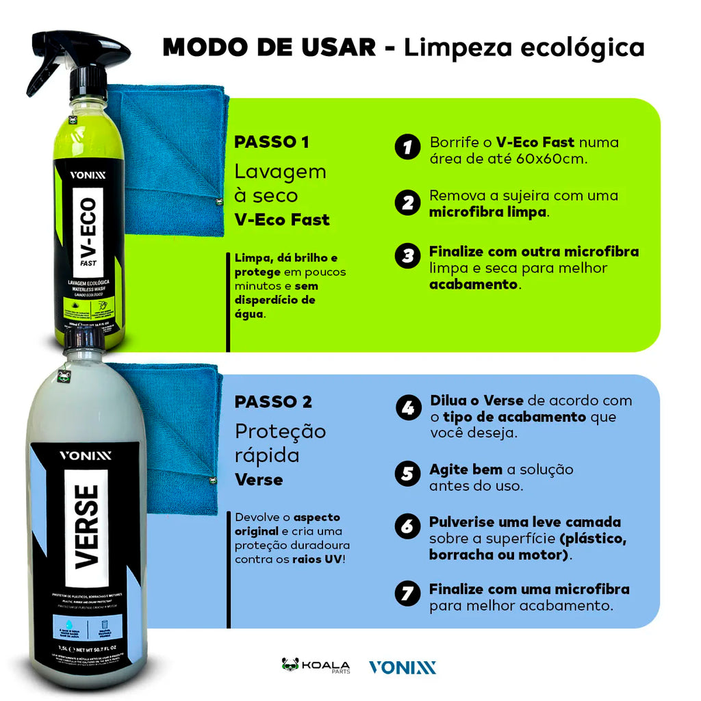 Car Dry Wash Kit Moto V-Eco C/Carnauba Wax 500ml + Verse Plastic Rubber 1.5L Vonixx