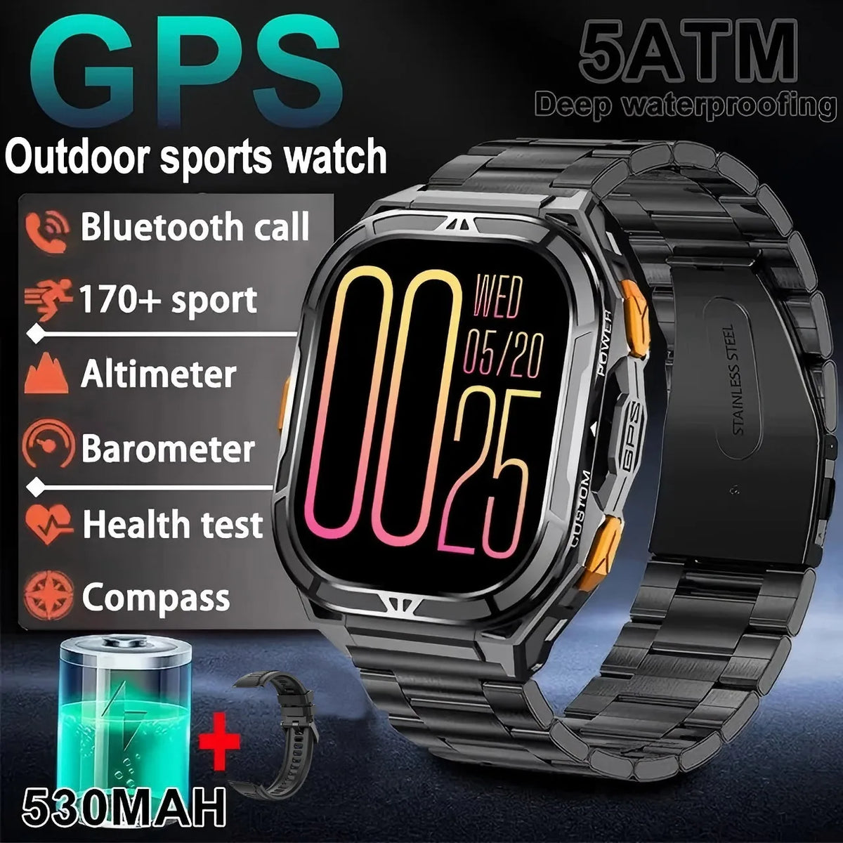 2026 NEW TANK X5 Smartwatch 5ATM Waterproof GPS Dual-Frequency tracking 1.96" AMOLED 530mAh Compass 170+ Sports Fitness Tracker