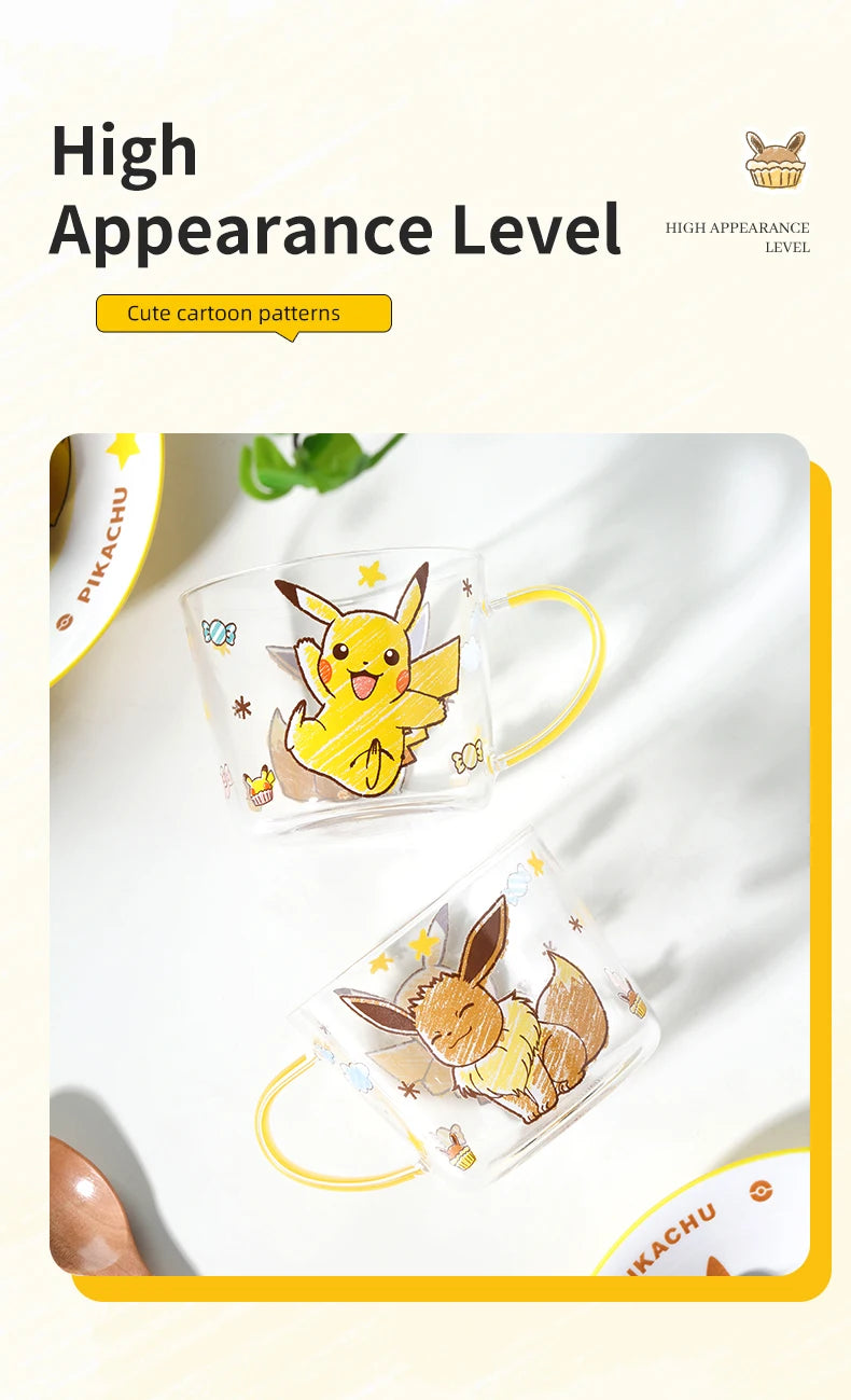 SHUNXIANG Pokémon Pikachu Glass Mugs Milk Cup Cute Drink Tableware Coffee Cup Kawaii  Transparent Water Cup with Handle Gift