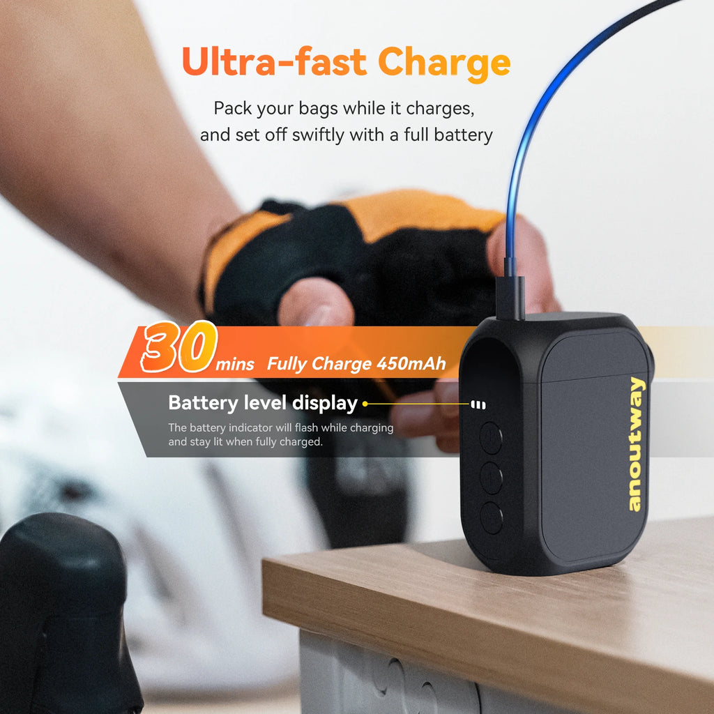 anoutway AT1 Pro Mini Electric pump for Bike Cordless Tire Inflator with Screen 25 Mins Fast Charging 120PSI Max 450mAh Battery