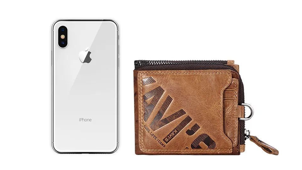 KAVIS Crazy Horse Leather Men Wallets Vintage Cowboy Travel Wallet Card Holder Fashion Coin Purse for Women with Extenal Cardbag