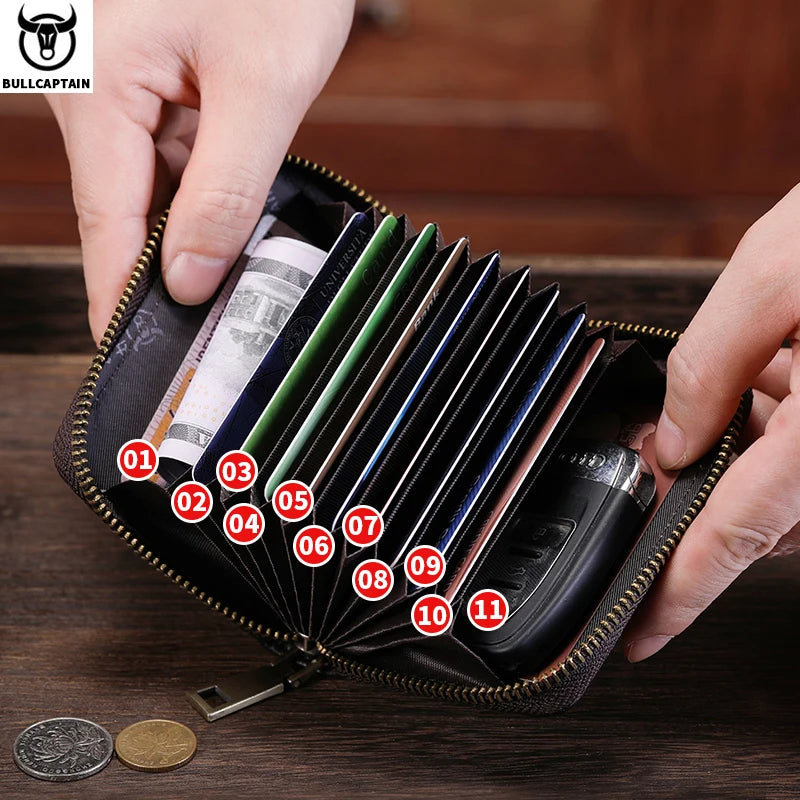 BULLCAPTAIN Genuine Card Bag Men's Casual Business Credit Card Holder Multifunctional RFID Anti-Theft 11 Card Slots Coin Purse