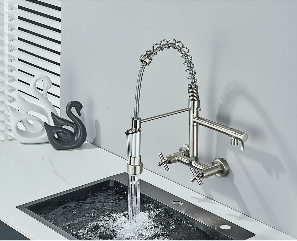 Gold Black Kitchen Faucet Wall Mount Pull Down Tap Vessel Sink Hot Cold Water Mixer Tap Spring Dual Swivel Spouts Sink Crane