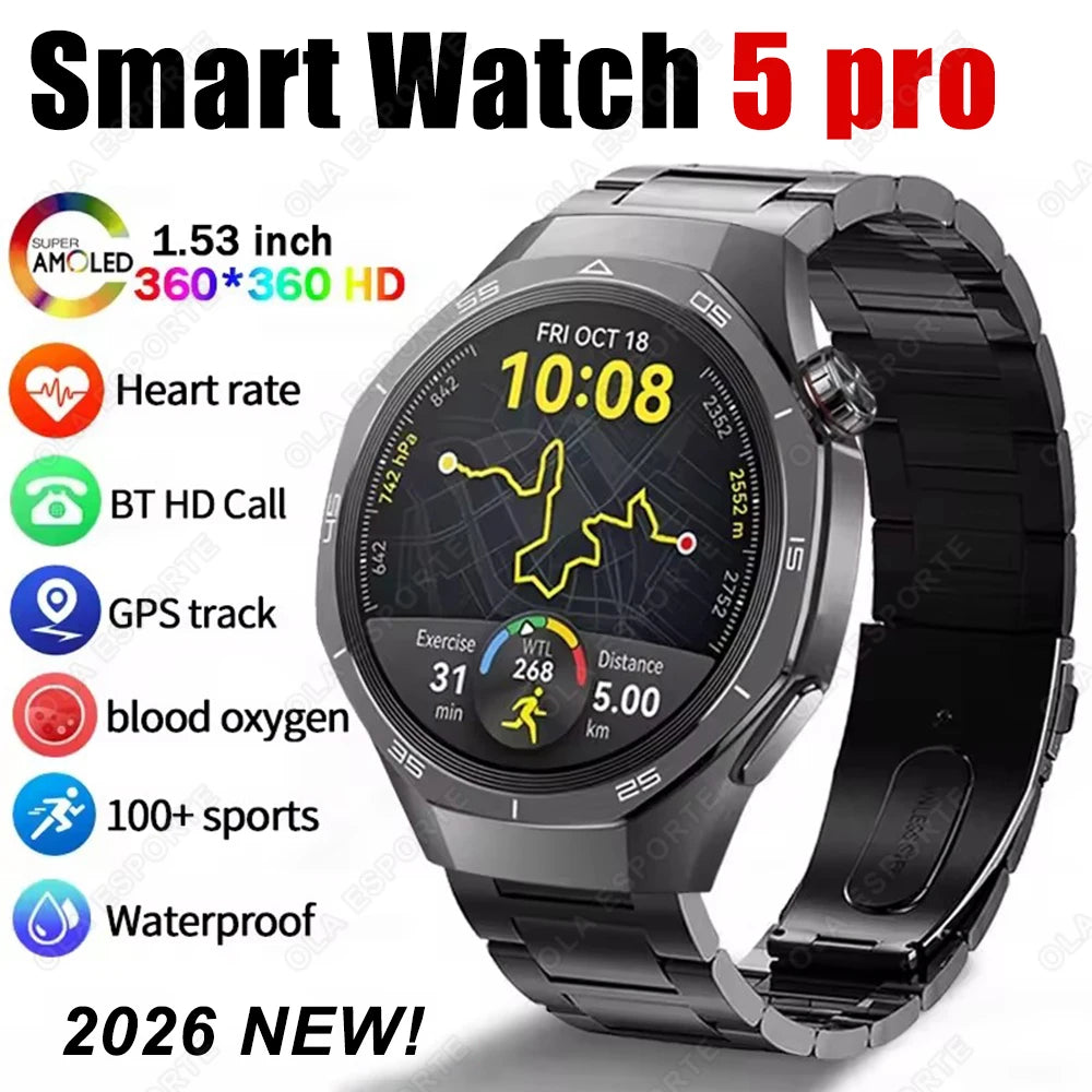 2026 New Watch5 PRO Smart Watch Men AMOLED HD Screen Sports Fitness Waterproof Watch Heart Rate Bluetooth Call Smartwatch HW12