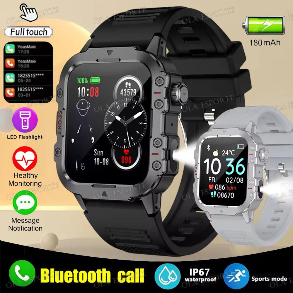 2025 New Flashlight Military Smart Watch Men IP68 5ATM Outdoor Sports Fitness Tracker Health Monitor 1.44Inch BT Call Smartwatch