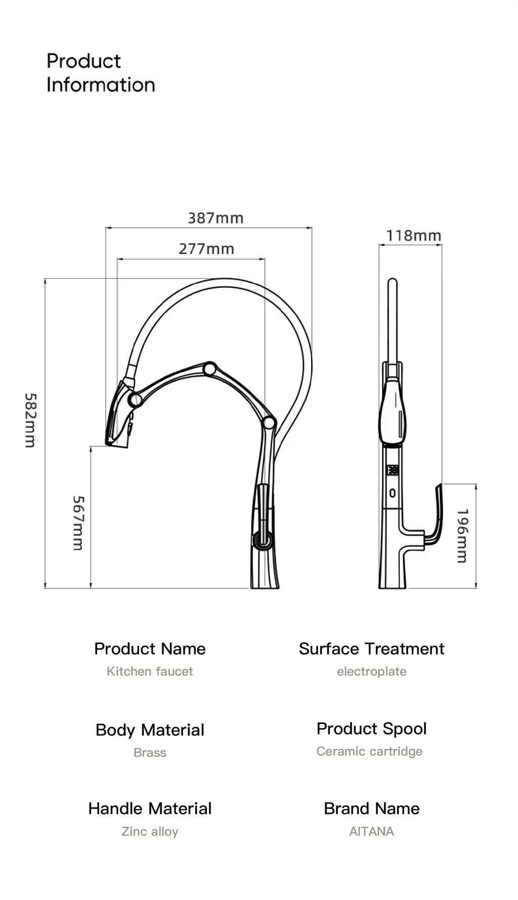 AITANA Gun Grey Luxury Brass LED Display Kitchen Faucet，Touchless Sensor，Pull-Out 3-Function Spray Water-Saving SinK Mixer