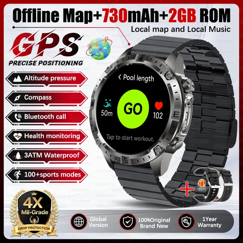 2026 Outdoor GPS Smart Watch Men 2GB ROM Offline Map 730mAh Battery 3ATM Waterproof Compass Altimeter Health Monitor Smartwatch