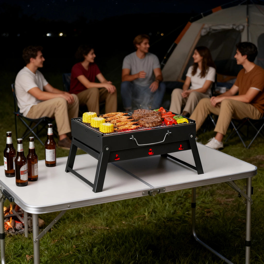 Portable Foldable Charcoal Grill | 38cm Compact Design | Light Steel Material Easy to Install | Equipped with Removable Ash Collector, Fast Heat Dissipation | Suitable for Camping, Picnicking, Beach, Backyard, and Small Group