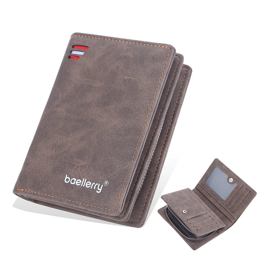 Baellerry Men PU Leather short Wallet With Zipper Coin Pocket Vintage Big Capacity Male Short Money Purse Card Holder