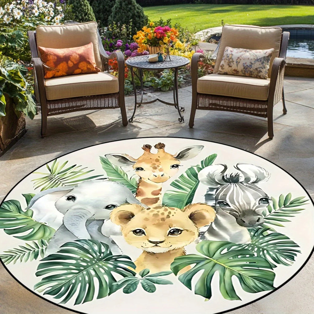 1 cartoon green leaf jungle animal print pattern round rug, polyester fabric, machine washable, suitable for bedroom living room