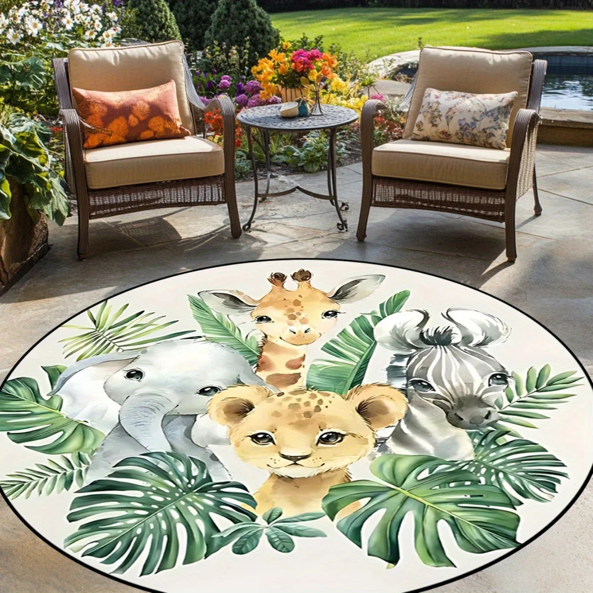 1 cartoon green leaf jungle animal print pattern round rug, polyester fabric, machine washable, suitable for bedroom living room