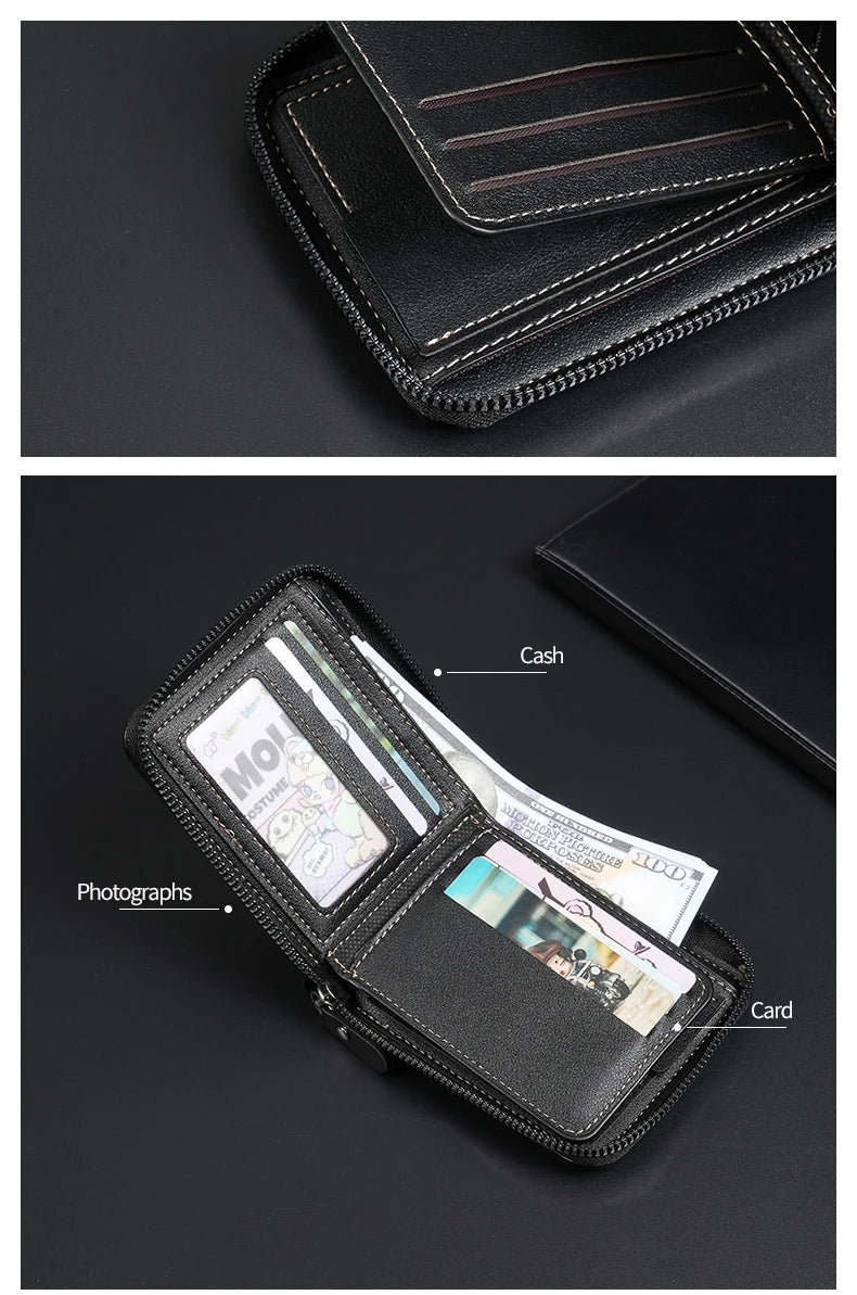 Leather Men’s Wallet Luxury Mens Purse Male Zipper Card Holders with Coin Pocket Rfid Wallets Gifts for Men Money Bag