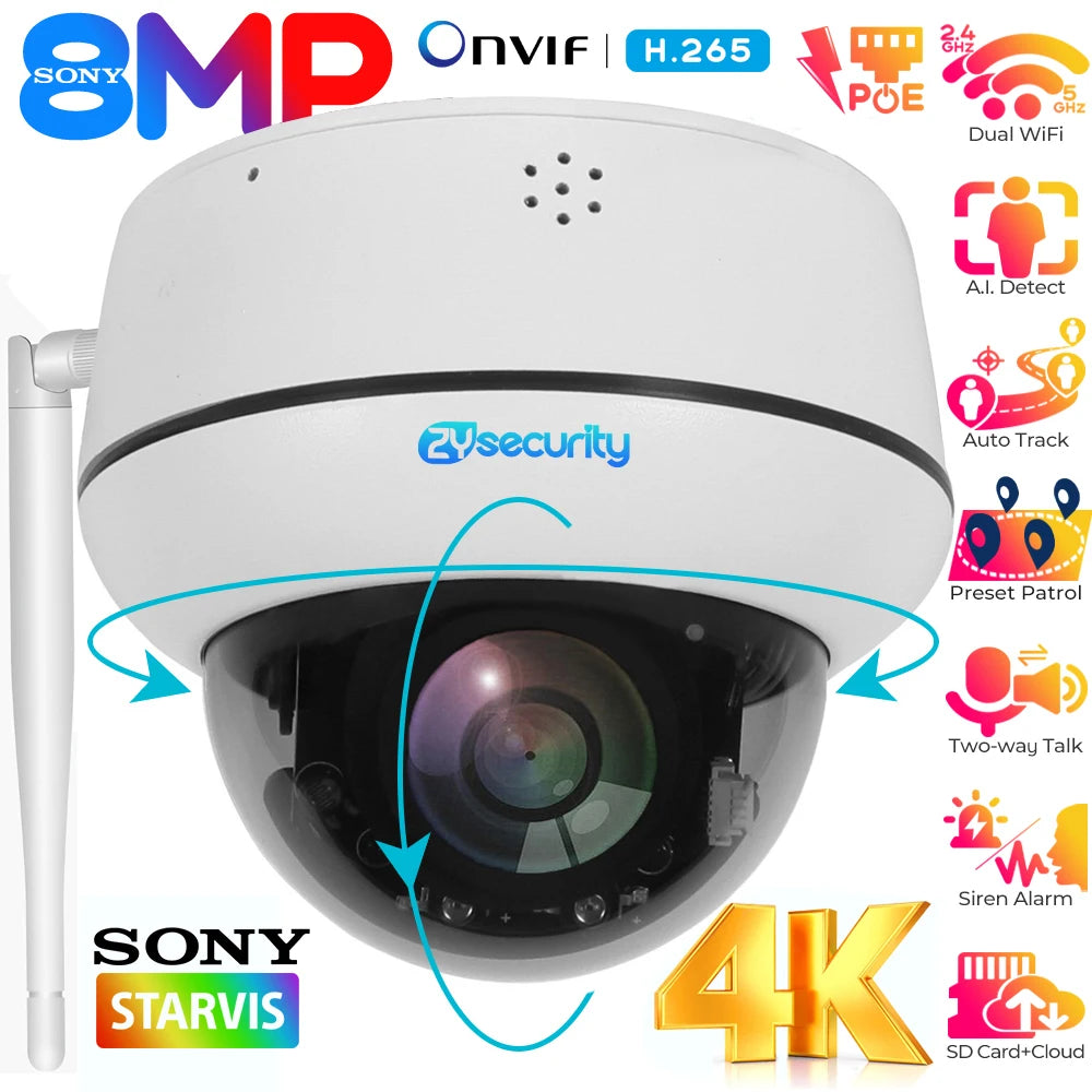 4K 8MP PoE Dome Security Camera Outdoor Human/Vehicle Detect Auto Tracking PTZ Indoor 2-way Audio Wireless IP Cameras Camhipro