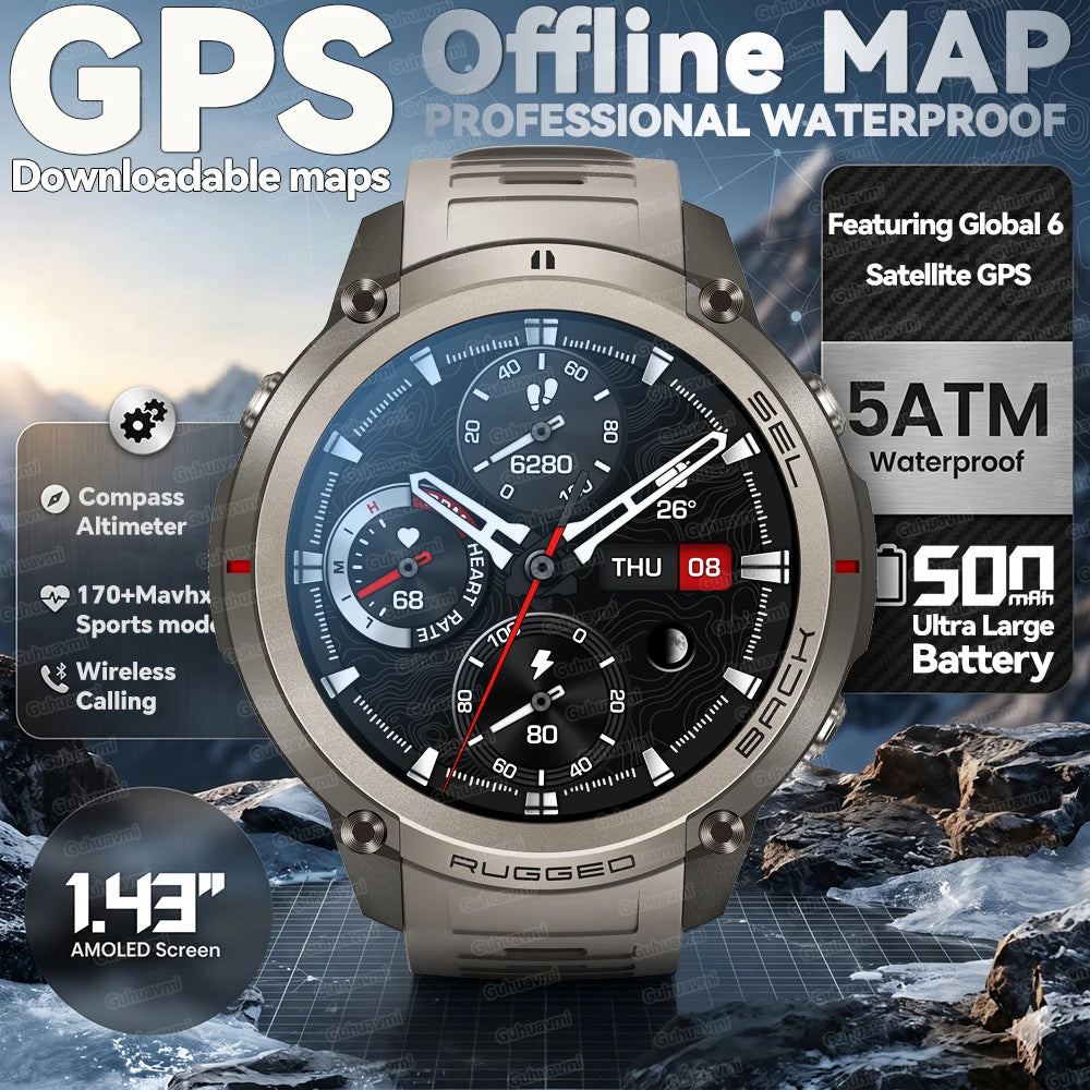 2026New Outdoor GPS Smart Watch Offline Maps Download Compass Tracking 5ATM Waterproof Tactics Sport Smart Bracelet For Men gift