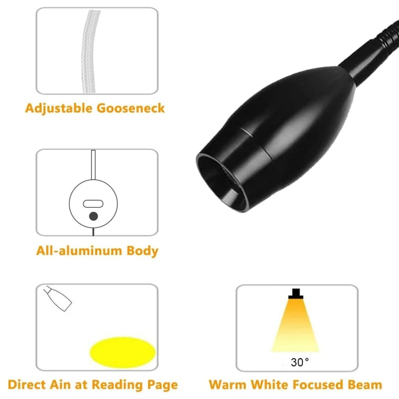 Tokili LED Golden Wall Lamp w/ USB Charger & Touch Dimmer - Bendable Gooseneck Bed Headboard Spotlight Sconce for Reading Lights