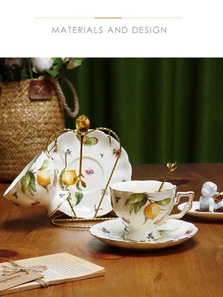 European Style Ceramic Mug Coffee Cup and Saucers Set Lemon Pattern Retro Afternoon tea cup Dessert Plate Teapot Home kettle
