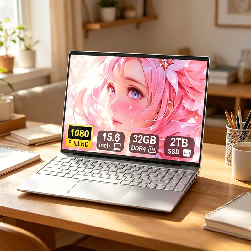15.6' Portable Laptop Intel N3700 Sturdy Inflexible Windows11 Notebook 32GB DDR4 2TB SSD for PC Gaming And Office Use