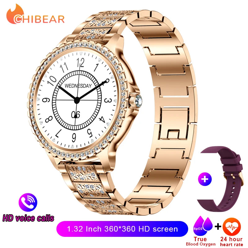 2026 New Fashion Women Diamond Watch 1.32 inch 360*360 HD Display Heart Rate Blood Oxygen Monitoring Bluetooth Call Smartwatch