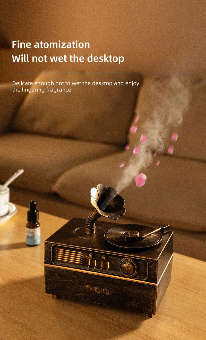 5V Retro Phonograph Bluetooth Speaker Humidifier Ultrasonic Aroma Diffuser Rotating Colorful Light Remote Essential Oil Atomizer
