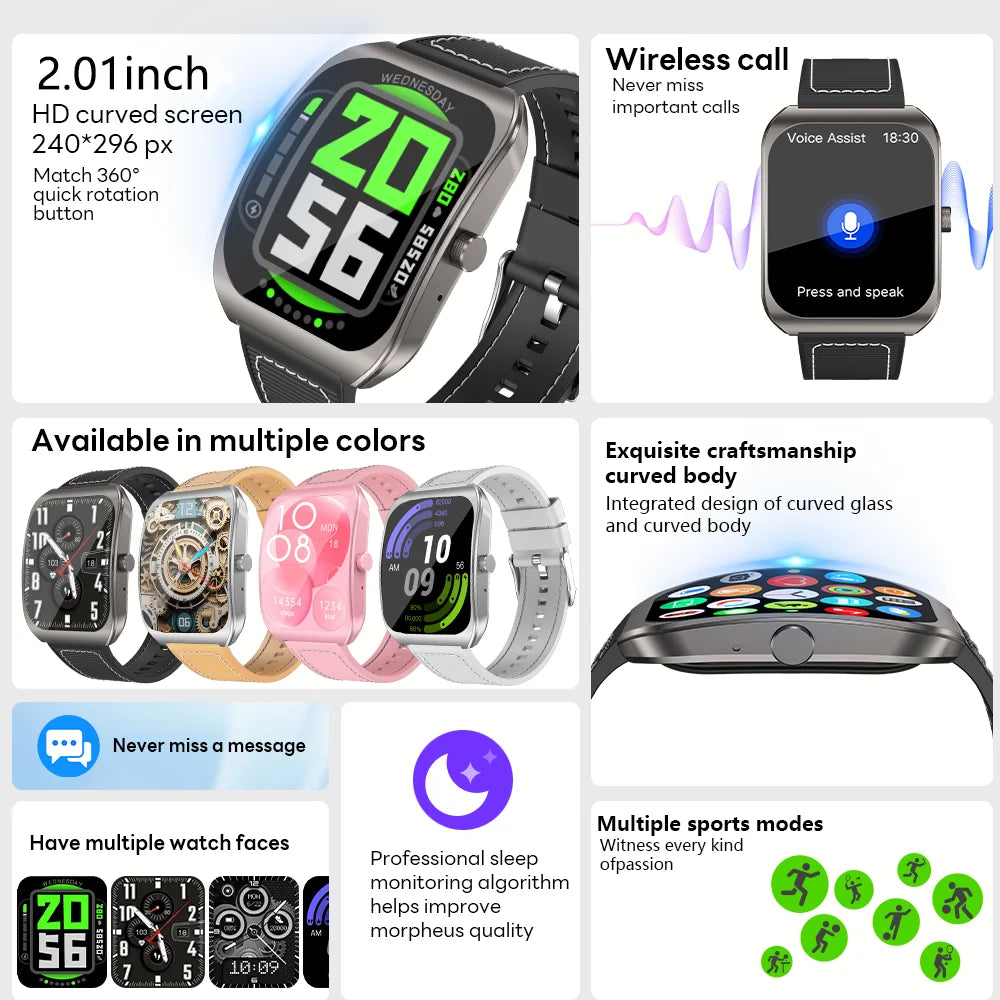 LAXASFIT Smart Watch 2.01-inch AMOLED Curved Display Bluetooth 5.4 Call Voice Assistant Fitness Sports Smartwatch Holiday gifts