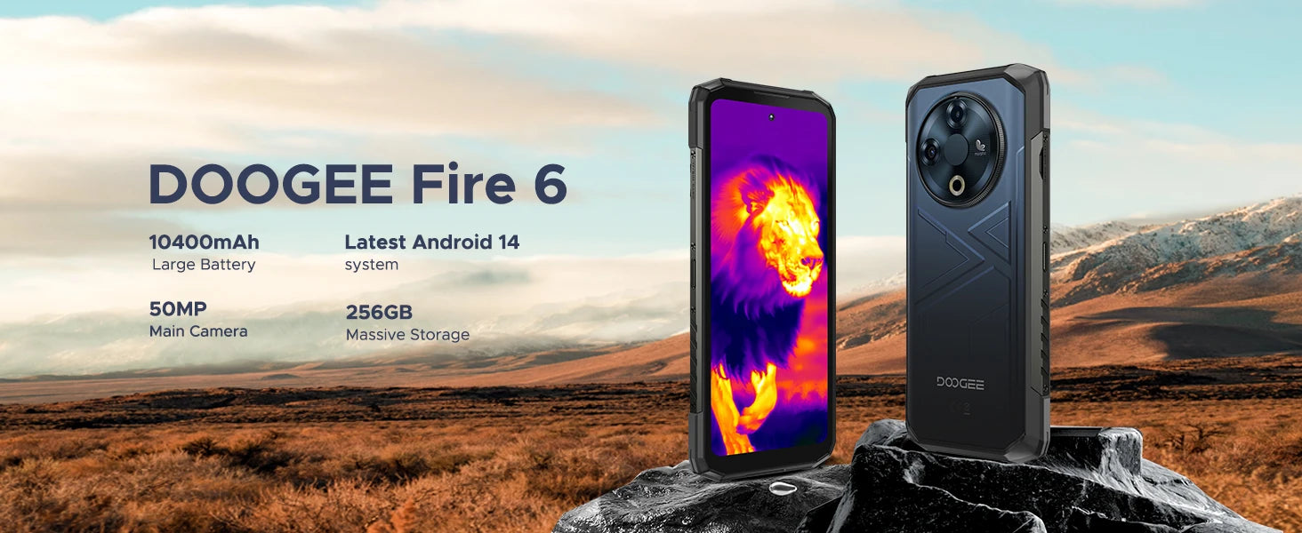 DOOGEE Fire 6 Rugged Phone Thermal Imaging 10400mAh Large Battery 6.56" 16GB(6+10) 256GB 50MP AI Main Camera Mobile Phone
