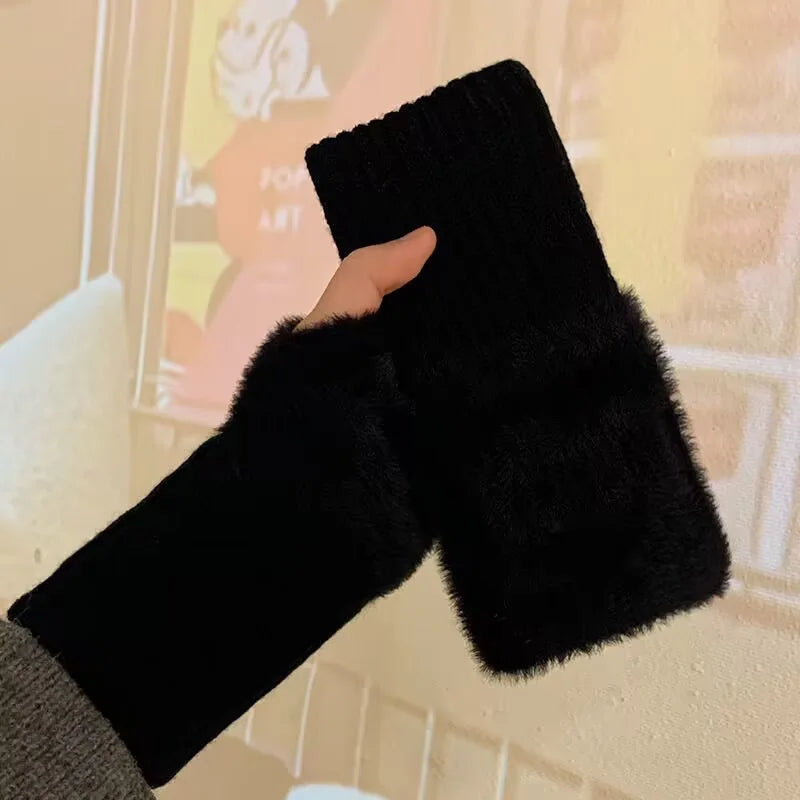 Women's Warm Plush Half-Finger Gloves for Autumn Winter Multi-Functional Cute Office Wear Cold-Resistant Fingerless Mittens