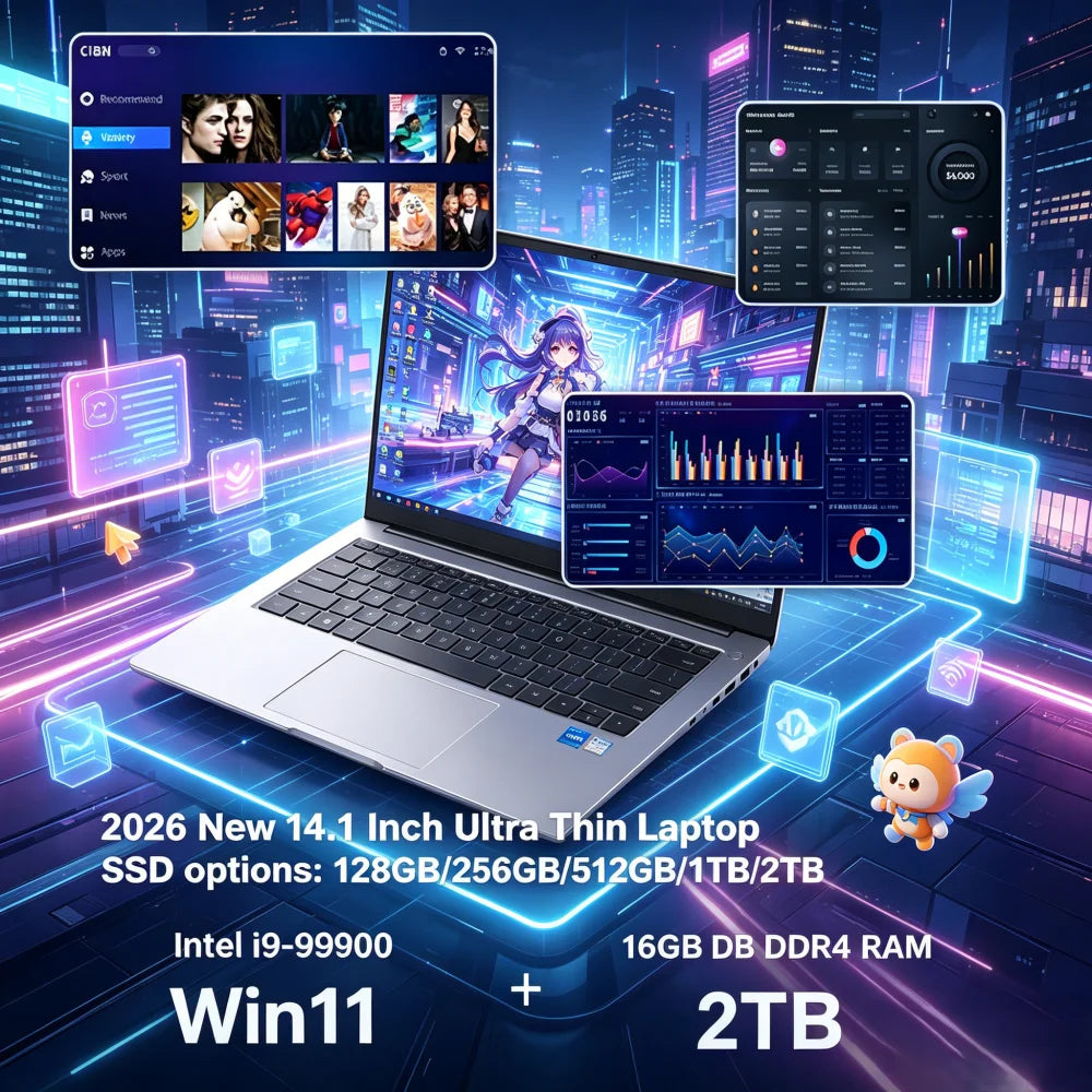 2026 New 14.1 Inch Ultra Thin Laptop Intel i9-9900 Win11 16GB DDR4 RAM 2TB SSD Portable Business Notebook
