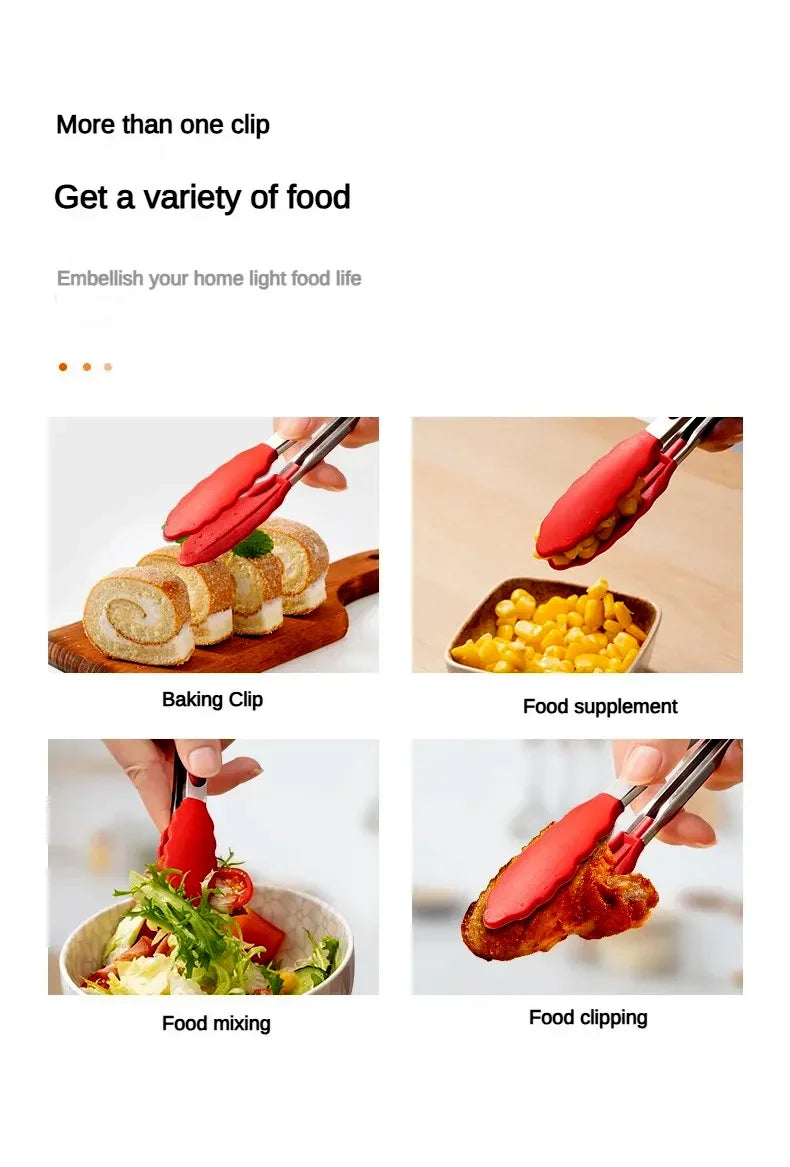 Anti Slip Cooking Serving Tongs Stainless Steel Food Clip Bread Salad Tong Heat-Resistant Barbecue Clips Kitchen Cooking Tool