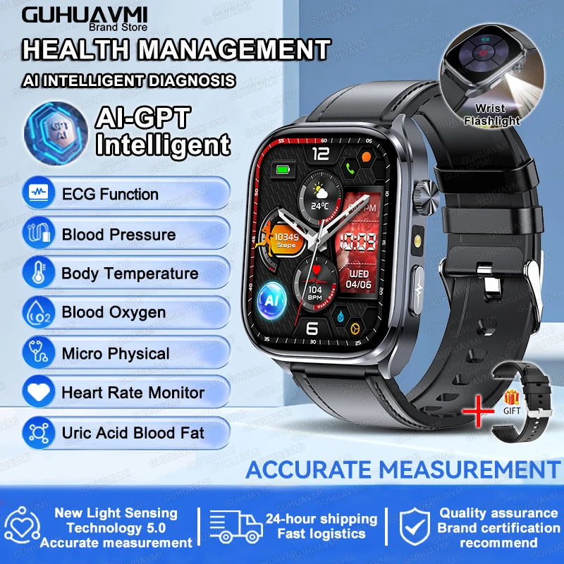 2026New Accurate Diagnosis Smart Watch ECG Blood Oxygen BP Uric Acid Lipids HD AMOLED Screen BT Call Health Smartwatch Men Women