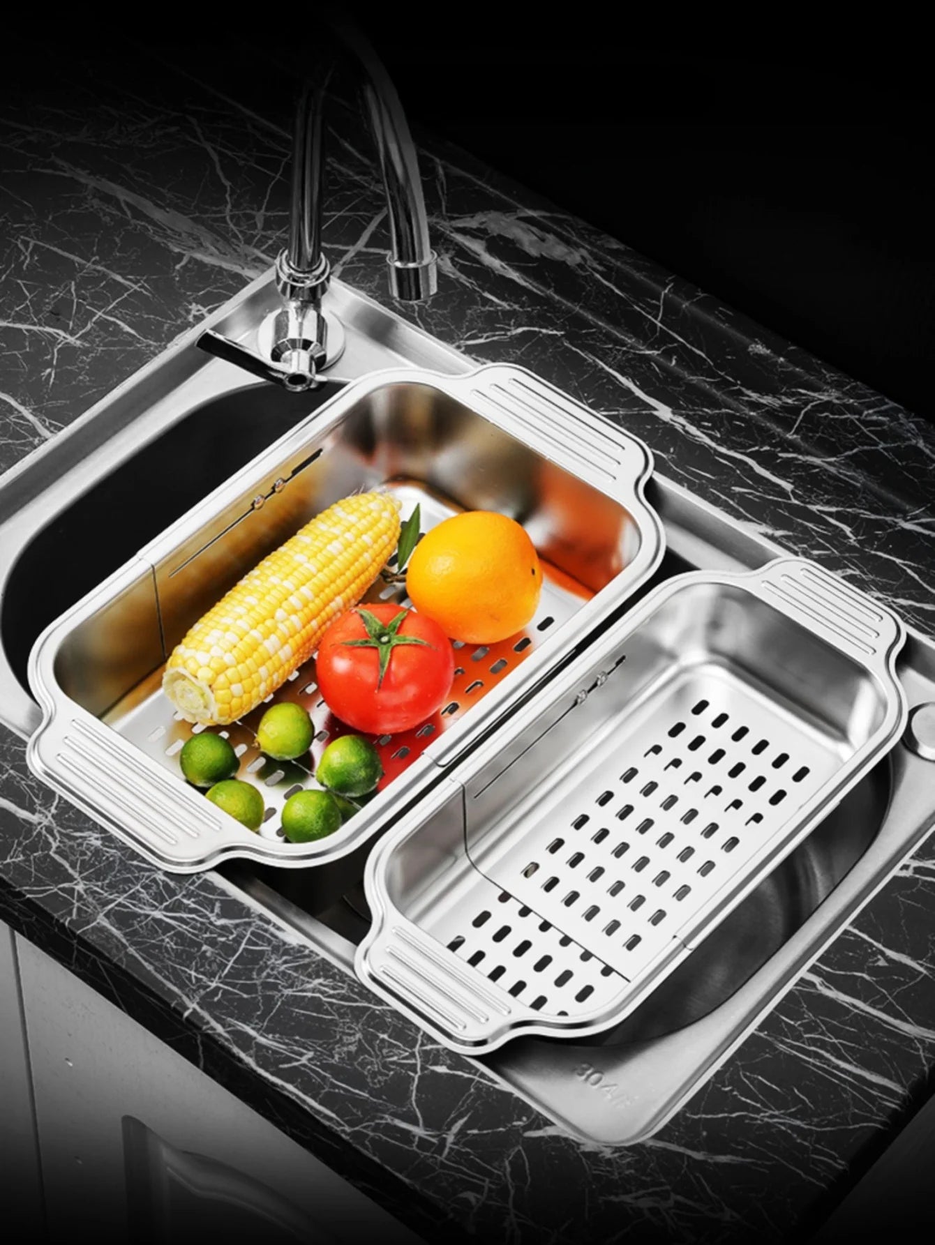 Stainless steel telescopic sink filter basket, adjustable length, used for cleaning fruits, draining spaghetti and dishes