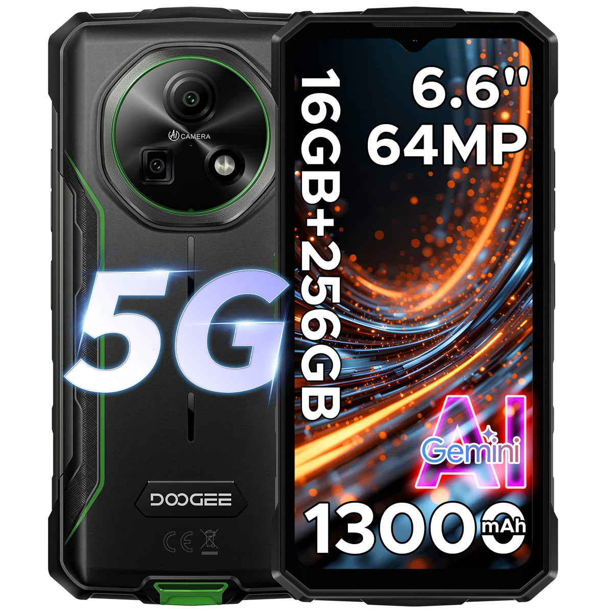 DOOGEE Fire 7 5G Rugged Phone Android 15 Gemini AI 13000mAh Battery 6.6'' Screen Dimensity 6300 64MP Camera  Smartphone NFC