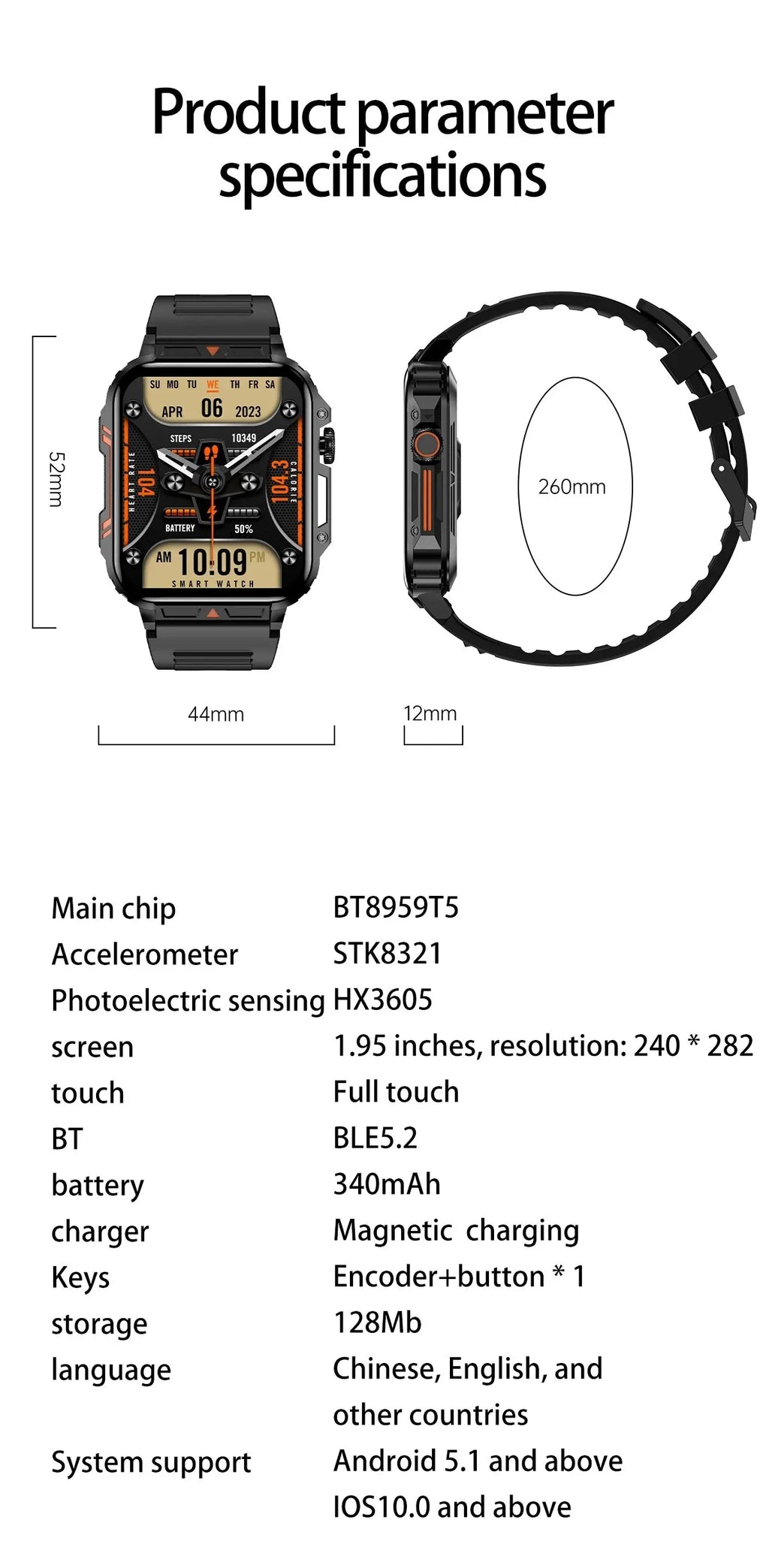 2025 New Rugged Military Sports Smart Watch 1.95 inch 300mAH Bluetooth Fitness Tracker reloj hombre Smarthwhatch For Android IOS
