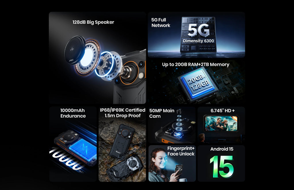 Fossibot Android 15 Rugged Smartphone 8GB RAM 128GB ROM 10000mAh 6.745" 50MP 128dB Speaker NFC  [F110 PRO-Phone]