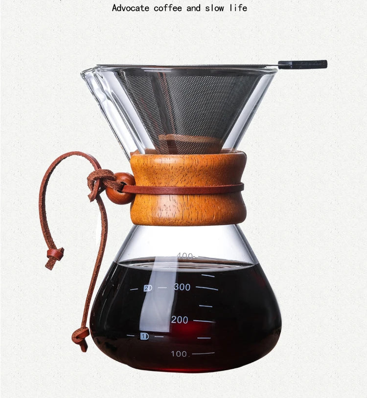 Hand Glass Coffee Kettle with Stainless Steel Filter Drip Brewing Hot Brewer Coffee Pot Dripper Barista Pour Over Coffee Maker