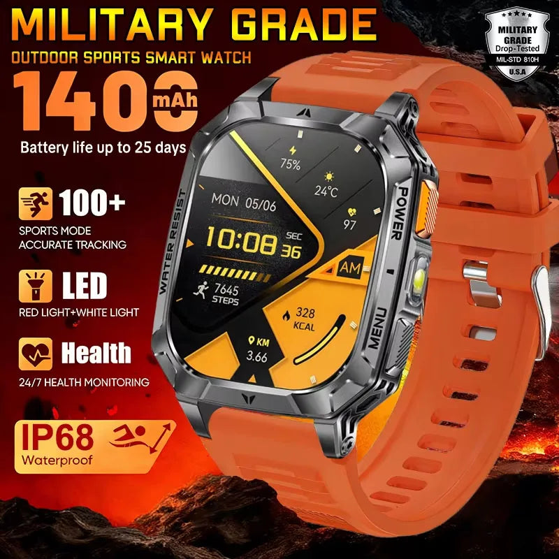 Upgrade 1400 mAh Battery Military Grade Smart Watch Men IP68 Waterproof 100+ Sports Modes Bluetooth Call AMOLED HD Smartwatches