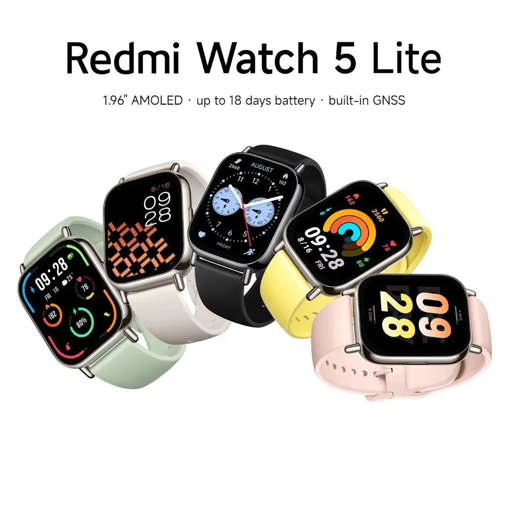 Global Version Xiaomi Redmi Watch 5 Lite 1.96'' AMOLED 18-Day Battery life Built-in GNSS 150+ Modes Smart Watch Bluetooth Call