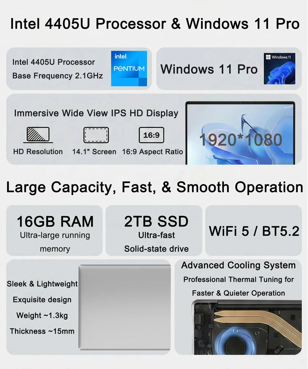 2026 New 14.1 Inch Ultra Thin Laptop Intel N3700 Win11 16GB RAM 2TB SSD Portable Business Notebook PC