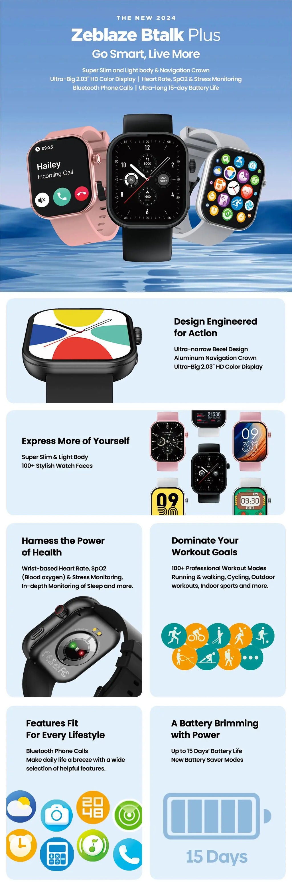 New Zeblaze Btalk Plus Voice Calling Smartwatch 2.03'' HD Color Display Health and Fitness Tracking Smart Watch for Men Women